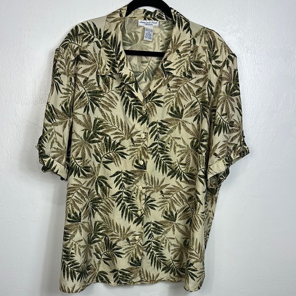 Anna And Frank Silk Green Tropical Leaf Print Button Down Shirt Size 3X